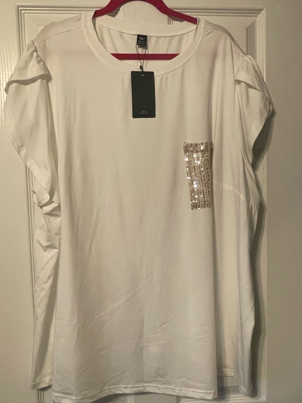 SHEIN Cream Tulip Sleeve Tee with Sequin Pocket